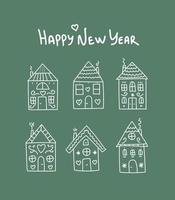 New Year card. Drawn doodle houses on a postcard for Christmas, New Year. Cute christmas illustration. vector