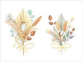 Watercolor bouquets of dried plants and leaves in boho style. vector