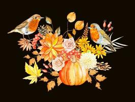 composición de otoño de acuarela con calabaza, flores, hojas de otoño y pájaros petirrojos vector