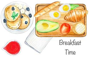 Healthy breakfast, pancakes , avocado , croissant, tomato, eggs , cookies . Watercolor vector