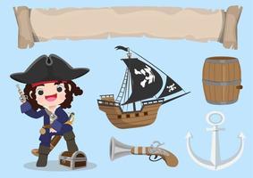 Pirate cartoon vector game object set. Sea adventure element collection