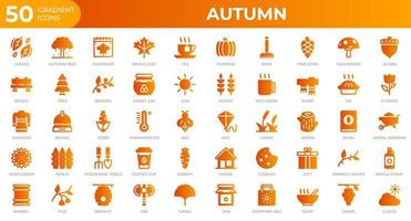 Set of 50 Autumn icons in gradient style. Leaves, berries, sweater. Gradient icons collection. Vector illustration