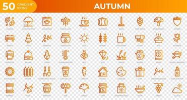 Set of 50 Autumn icons in gradient style. Leaves, berries, sweater. Gradient icons collection. Vector illustration