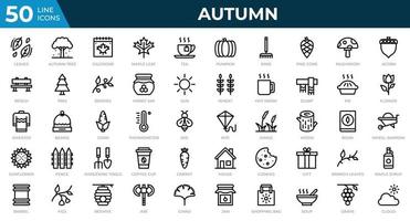 Set of 50 Autumn icons in line style. Leaves, berries, sweater. Outline icons collection. Vector illustration