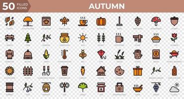 Set of 50 Autumn icons in filled outline style. Leaves, berries, sweater. Filled outline icons collection. Vector illustration