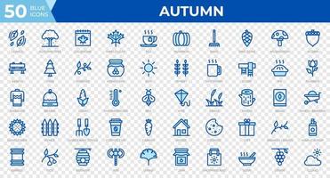 conjunto de 50 iconos de otoño en estilo azul de línea. hojas, bayas, suéter. colección de iconos de contorno. ilustración vectorial vector
