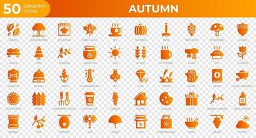 Set of 50 Autumn icons in gradient style. Leaves, berries, sweater. Gradient icons collection. Vector illustration