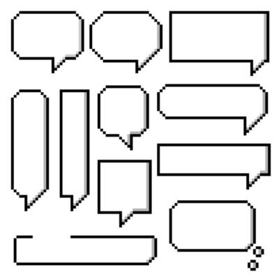 collection set of retro game 8 bit line pixel speech bubble balloon black and white color with shadow, flat design vector illustration