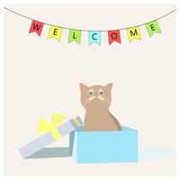 Welcome sign with colorful flags on rope and a little kitten in a box vector