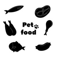 Icons for food packaging for pets. Black vector silhouette on a white background. Food for cats and dogs. Turkey, fish, chicken drumstick icon. Image for packaging.Ingredients for pet food.