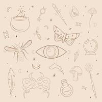 Mystic vector items, dagger, eye, wasp, snakes, moon, mushrooms. Doodle esoteric, boho mystical hand drawn elements. Magic and witchcraft, witch esoteric alchemy. Icons set. Vector magic set.