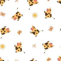 Seamless pattern with cute cows. Farm in hand-drawn style. Design for fabric, textile, wallpaper, packaging. vector