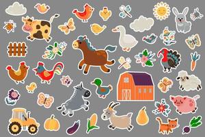 Farm animals sticker set. Drawn style. Vector illustration.