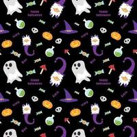 Halloween seamless pattern. Vector background with pumpkin, gnome and bats, witch hat. Cute autumn design. Black spooky wallpaper illustrations. Scary holiday horror sketch. Magic print for halloween