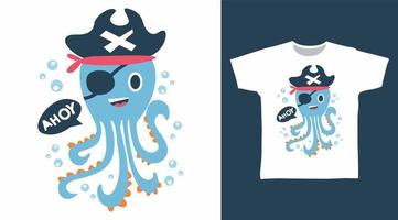 lindo pulpo pirata ahoy diseño ilustración vectorial listo para imprimir en camiseta vector