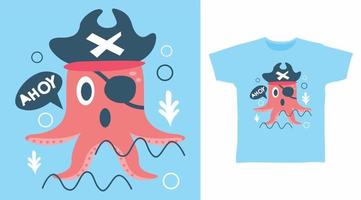 linda ilustración vectorial de diseño pirata de pulpo lista para imprimir en camiseta. vector