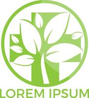 Medical cross and green leafs vector logo concept illustration. Natural Health Care Logo, Natural Treatment Logo.