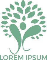 Logo with abstract human figure and green leaves of tree. Original emblem for self development center or yoga classes. Natural and healthy living. vector