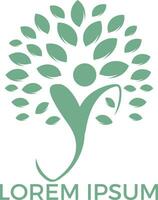 Logo with abstract human figure and green leaves of tree. Original emblem for self development center or yoga classes. Natural and healthy living. vector