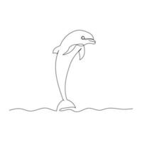 Continuous line drawing of dolphin with the ocean. Minimalism art. vector