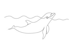Continuous line drawing of dolphin with the ocean. Minimalism art. vector