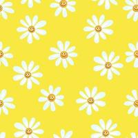 Seamless spring pattern with simple chamomile with smile on yellow background. Print for fabric and wrapping paper. vector