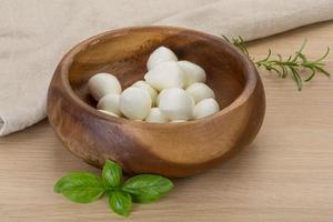 Mozzarella cheese in a bowl on wooden background photo