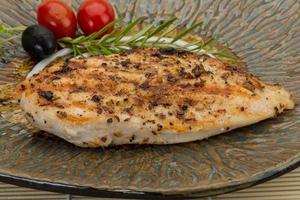 Grilled chichen breast on the plate close up view photo