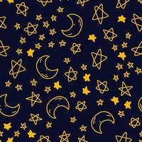 patrón impecable con luna de fideos y estrellas en color naranja neón sobre fondo azul. ilustración vectorial de luminarias celestiales para diseño web y textil, papel de envolver, tarjeta, impresión vector