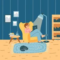 Girl in armchair works on a laptop at home in cartoon flat style. Freelance or studying concept, female character surfing the internet. Cozy home interior. vector