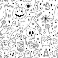 Seamless pattern with doodle cartoon Halloween objects in black color on white background. Sketch of ghost, pumpkin, bone, poison, skull, spell book, cat, candle, bat, grave vector