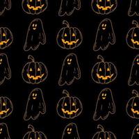 Halloween seamless pattern with doodle ghost and pumpkin in neon colors on black background. Vector illustration for web and textile design, wrapping papper, card, print