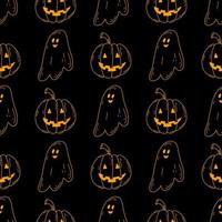 Halloween seamless pattern with doodle ghost and pumpkin in neon colors on black background. Vector illustration for web and textile design, wrapping papper, card, print