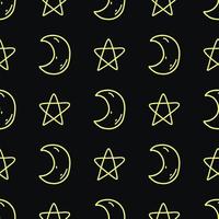 Seamless pattern with doodle moon and stars in neon yellow color on black background. Vector illustration of celestial luminaries for web and textile design, wrapping papper, card, print