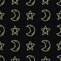 Seamless pattern with doodle moon and stars in neon yellow color on black background. Vector illustration of celestial luminaries for web and textile design, wrapping papper, card, print