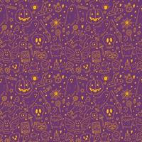 Seamless pattern with doodle cartoon Halloween objects in orange neon color on lilac background. Sketch of ghost, pumpkin, bone, poison, skull, spell book, cat, candle, bat, grave vector