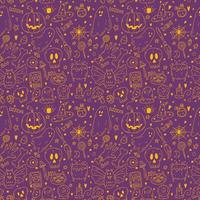 Seamless pattern with doodle cartoon Halloween objects in orange neon color on lilac background. Sketch of ghost, pumpkin, bone, poison, skull, spell book, cat, candle, bat, grave vector