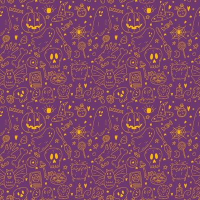 Seamless pattern with doodle cartoon Halloween objects in orange neon color on lilac background. Sketch of ghost, pumpkin, bone, poison, skull, spell book, cat, candle, bat, grave