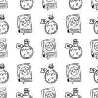 Halloween witchcraft seamless pattern. Vector illustration of doodle spell book, poison bottle, magic witchcraft occult symbol for web and textile design, wrapping papper, card, print