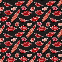 Seamless pattern with lipstick and different women's lips on black background. Vector image.