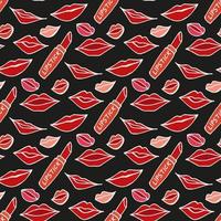 Seamless pattern with lipstick and different women's lips on black background. Vector image.
