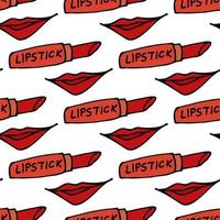 Seamless pattern with hand drawn lipstick and women's lips on white background. Vector image.