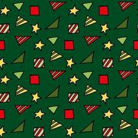 Seamless pattern with stars, triangles, squares on dark green background. Vector image.
