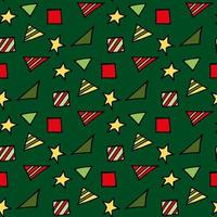 Seamless pattern with stars, triangles, squares on dark green background. Vector image.