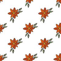 Seamless pattern with doodle orange flowers on white background. Vector image.