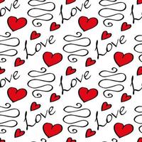 Seamless pattern with romantic text Love and red hearts on white background. Vector image.