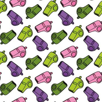 Seamless pattern with green, violet and pink whistle on white background. Vector image.