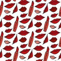 Seamless pattern with lipstick and different women's lips on white background. Vector image.