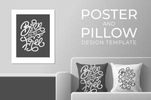 BORN TO BE FREE poster and pillow design template for interior. Lettering design on white and dark gray background. Motivational poster. Vector illustration. Retro style.
