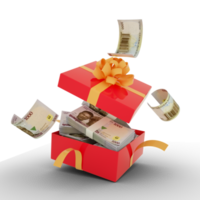 nigerianische Naira-Noten in einer offenen roten Geschenkbox. nigerianischer Naira drinnen und um eine Geschenkbox herumfliegen. 3D-Rendering von Geld innerhalb der Box isoliert auf transparentem Hintergrund png